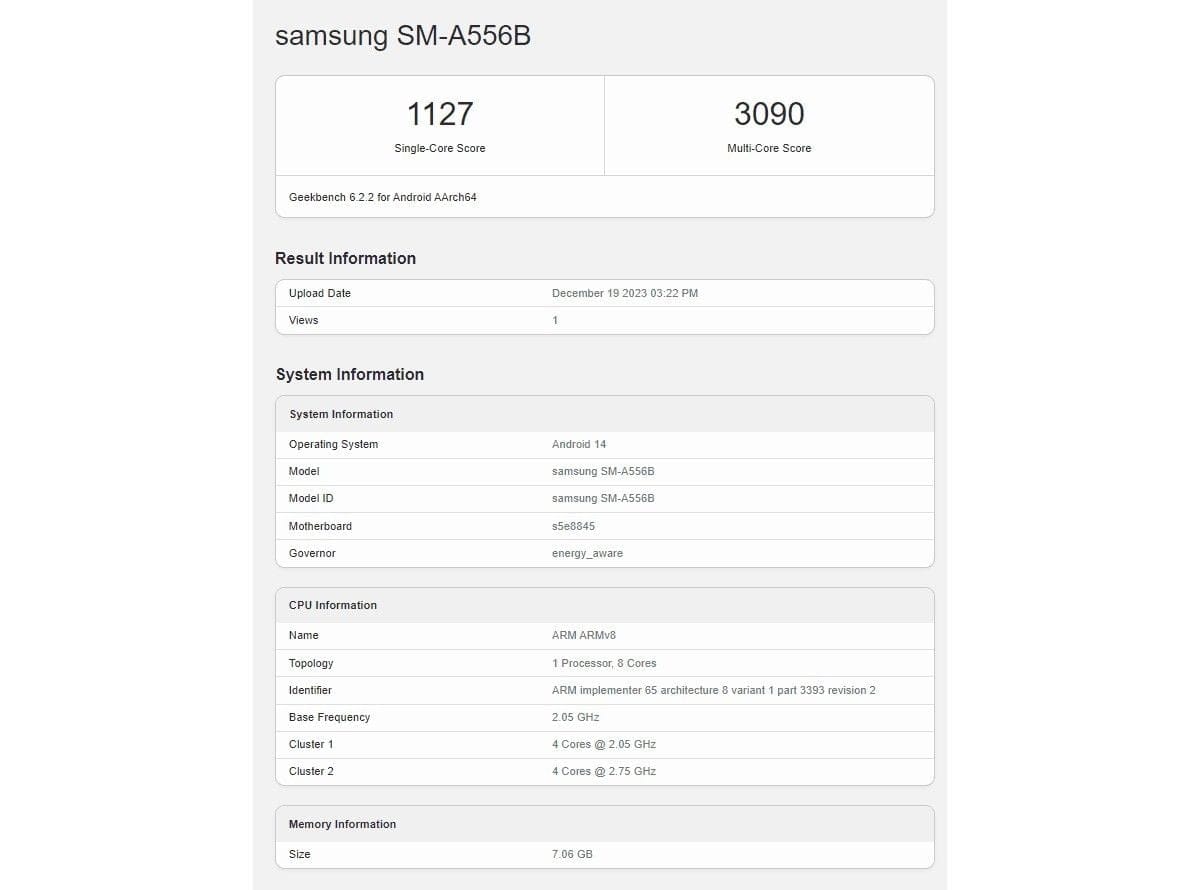 Galaxy A55 с процессором Exynos 1480 протестировали в бенчмарке